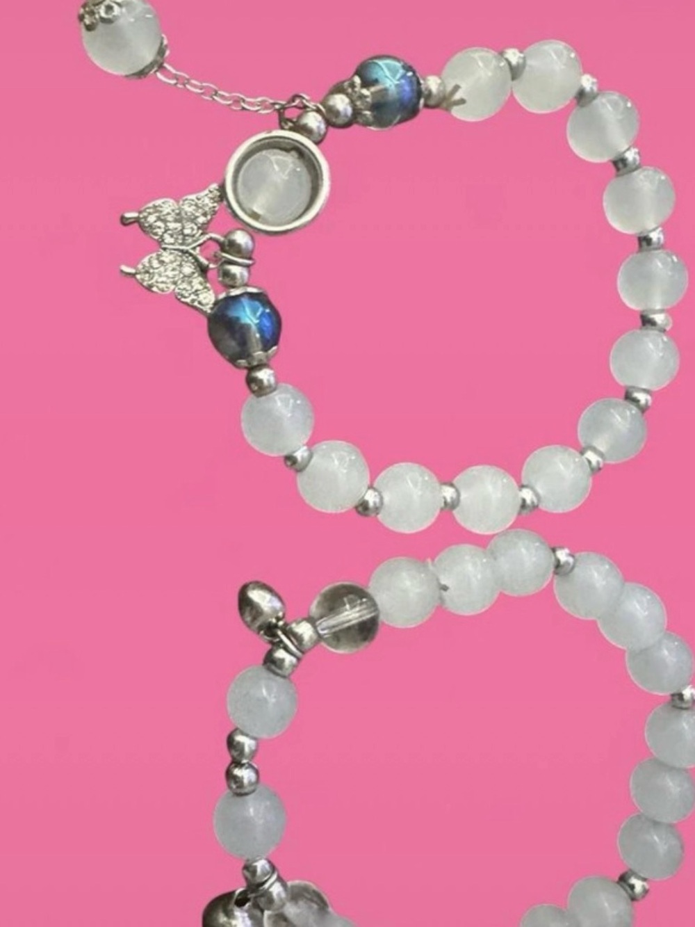 White Beaded Bracelet Set with Blue Accent Beads
